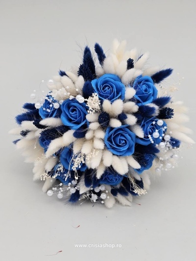 Buchet mireasa flori uscate, ivory & deep ocean blue - Img 1