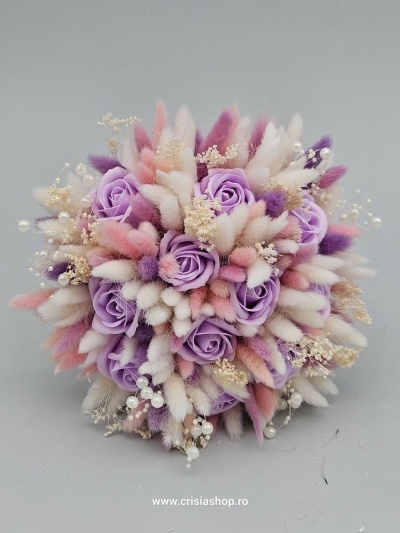 Buchet mireasa flori uscate, muilti lila, ivory & pink