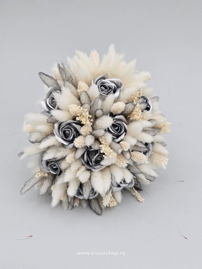 Buchet mireasa flori uscate, silver & ivory