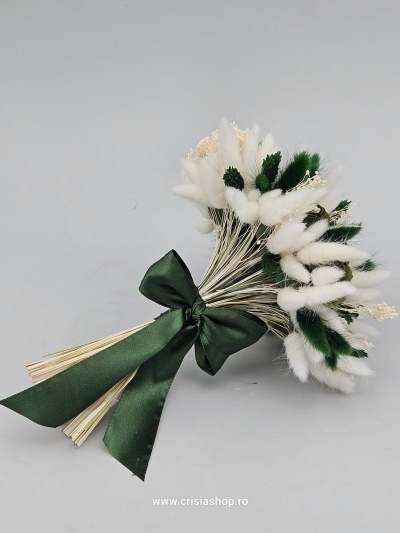 Buchet mireasa flori uscate, verde cu ivory - Img 2