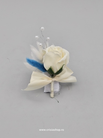 Floare nunta, trandafir ivory, lagurus turquaz si crem