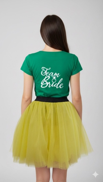 Tricou verde inscriptionat cu Team Bride, cu fusta galbena - Img 2