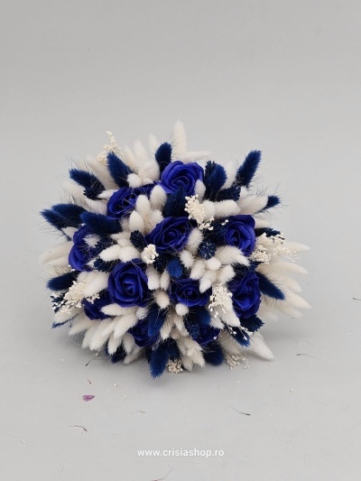 Buchet mireasa flori uscate, albastru cu ivory