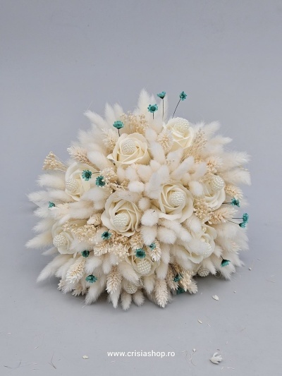 Buchet mireasa flori uscate, ivory cu light turquaz - Img 2