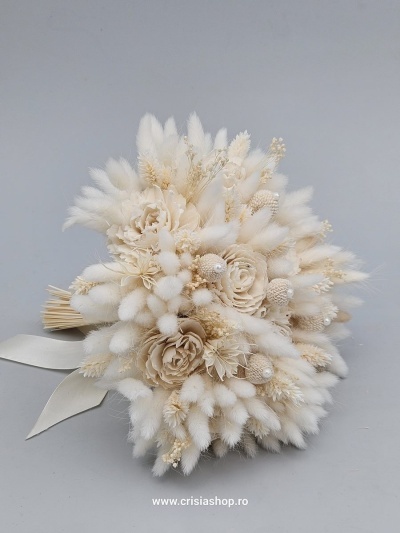 Buchet mireasa flori uscate, ivory cu trandafiri crem