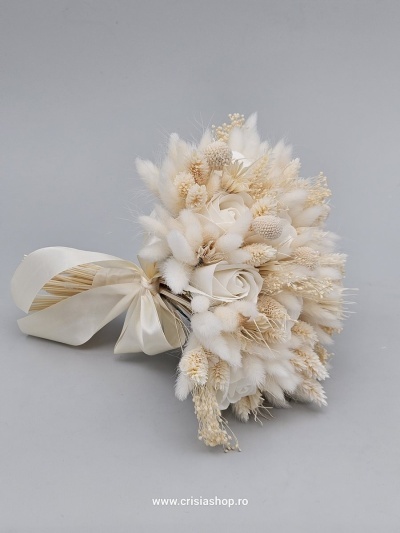 Buchet mireasa flori uscate, ivory full special