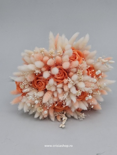 Buchet mireasa flori uscate, ivory & multi-orange