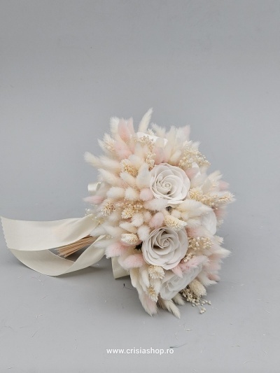 Buchet mireasa flori uscate, rose cu ivory - Img 2