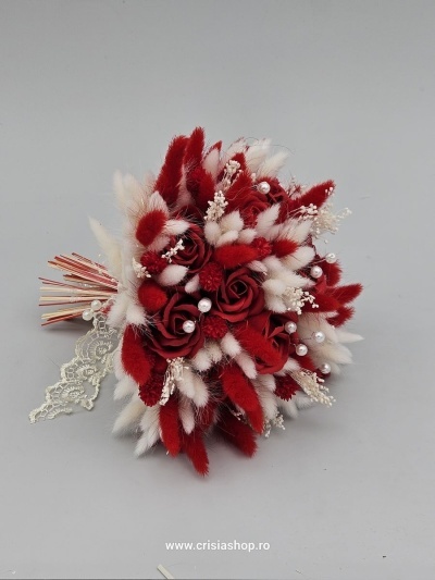 Buchet mireasa flori uscate, rosu cu ivory - Img 2