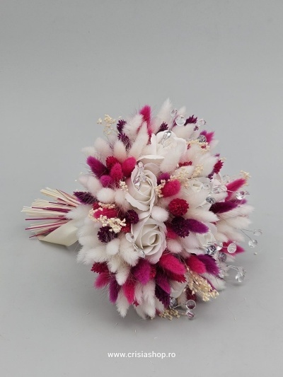 Buchet mireasa flori uscate, white rose, alb, roz, magenta - Img 2