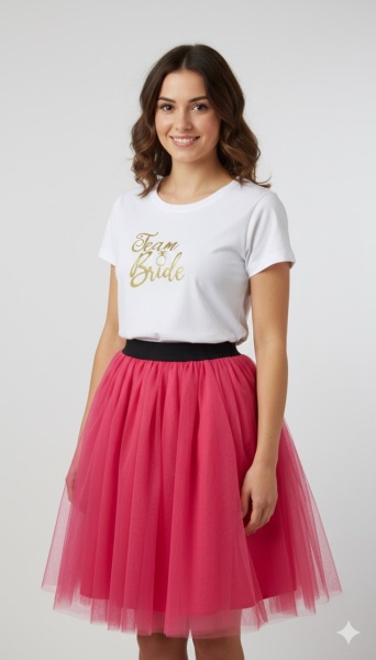 Tricou alb inscriptionat cu Team Bride, fusta corai