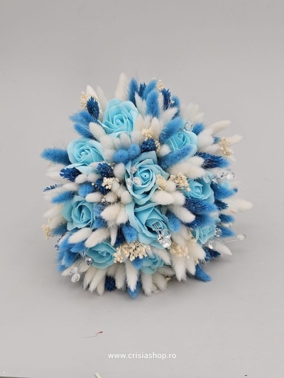 Buchet mireasa flori uscate, blue lagoon & ivory - Img 1