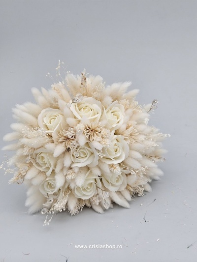 Buchet mireasa flori uscate, full ivory 2