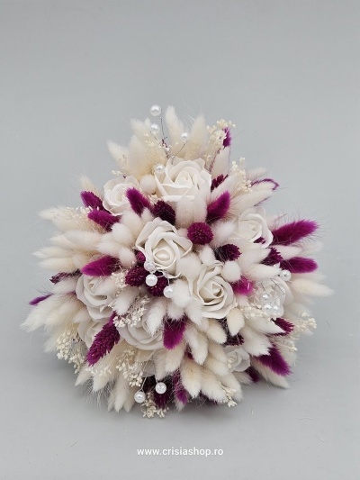 Buchet mireasa flori uscate, fuxia cu ivory - Img 2