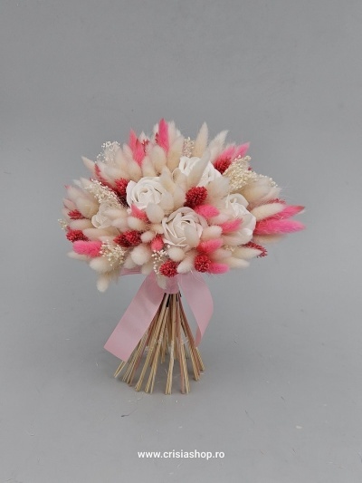 Buchet mireasa flori uscate, ivory & electric magenta