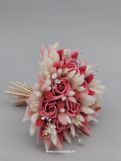 Buchet mireasa flori uscate, roz cu ivory - Img 2