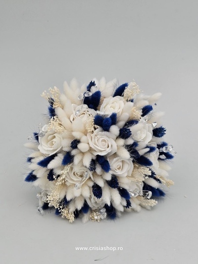 Buchet mireasa flori uscate, white, ivory cu albastru - Img 2