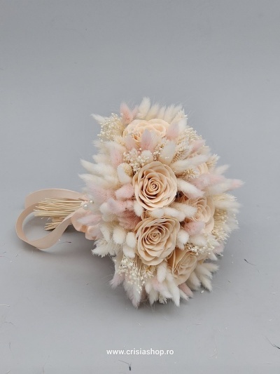 Buchet mireasa flori uscate, ivory & baby pink