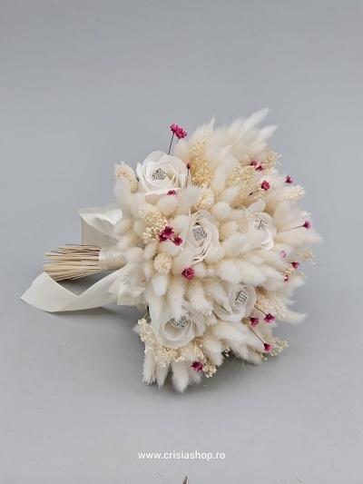 Buchet mireasa flori uscate, ivory cu roz, stras