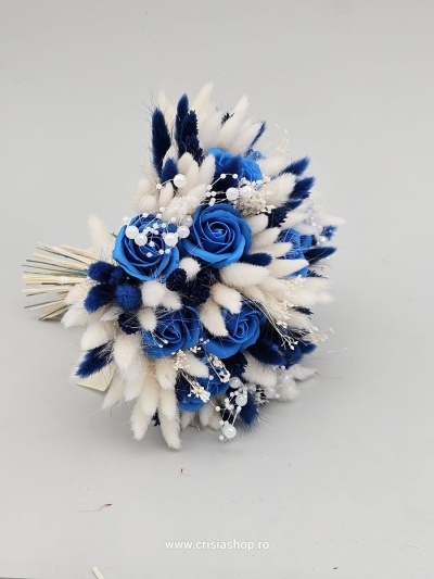 Buchet mireasa flori uscate, ivory & deep ocean blue - Img 2