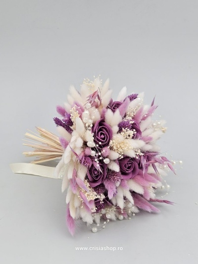 Buchet mireasa flori uscate, ivory, mov, lila