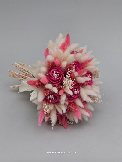 Buchet mireasa flori uscate, ivory, pink rose si magenta - Img 2