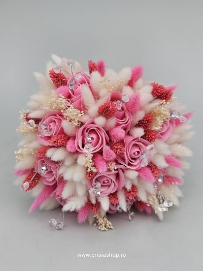 Buchet mireasa flori uscate, light pink cu ivory