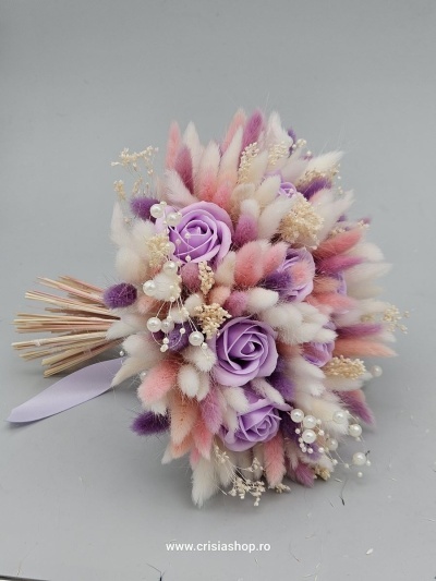 Buchet mireasa flori uscate, muilti lila, ivory & pink - Img 2