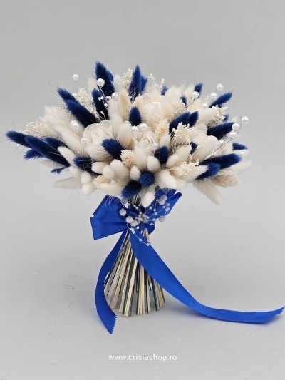 Buchet mireasa flori uscate, navy blu & ivory - Img 1