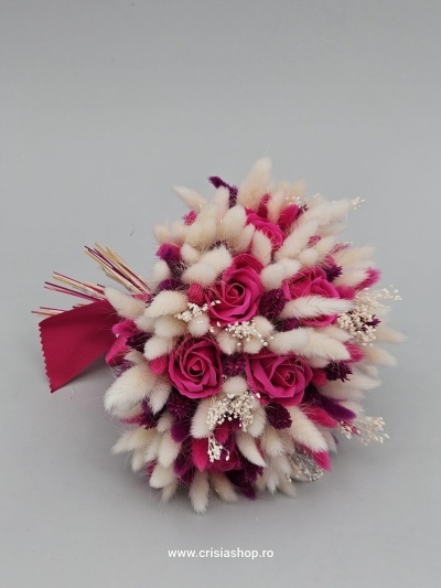 Buchet mireasa flori uscate, rosu cu ivory