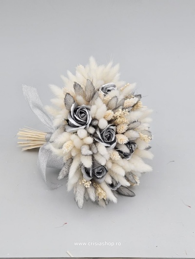 Buchet mireasa flori uscate, silver & ivory - Img 2