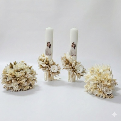 Set Lumanari cununie si buchete, ivory si natur