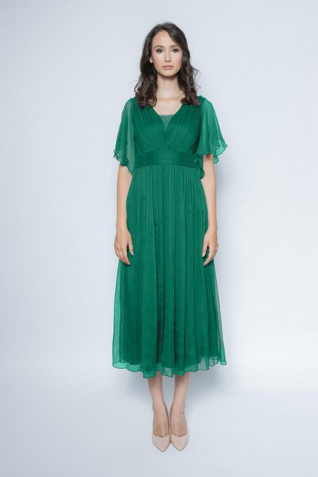 Rochie verde lungă din mătase naturală