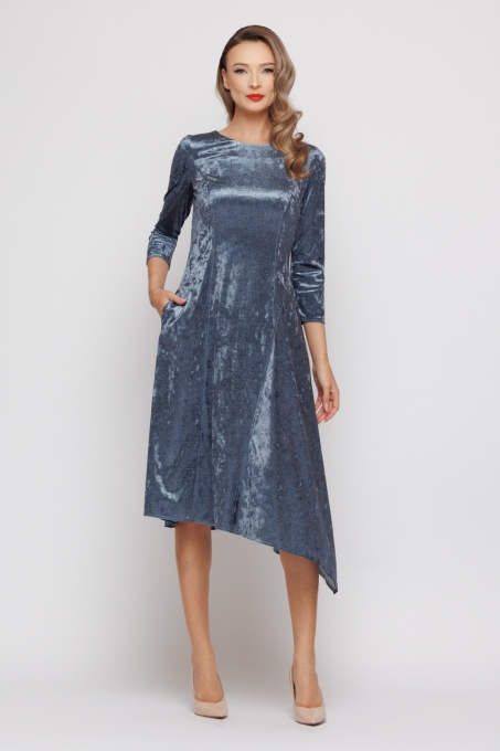 Rochie 'Charlize' asimetrică din catifea albastru denim