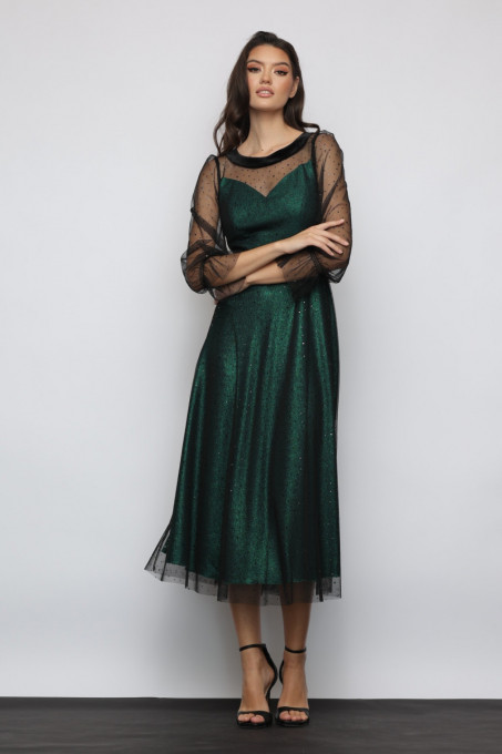 Rochie 'Selene' lungă din tulle sidefat și material satinat verde