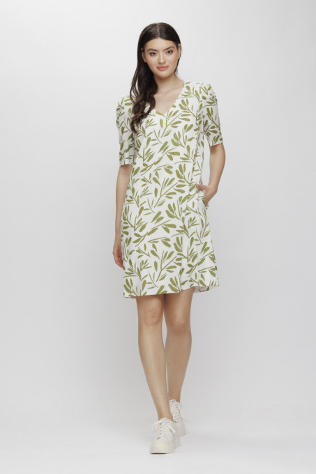 Rochie 'Guenda' din in cu print cu frunze