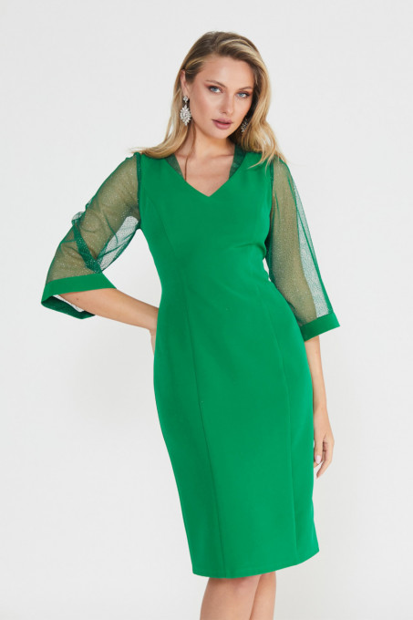 Rochie verde cu mâneci din tulle sidefat