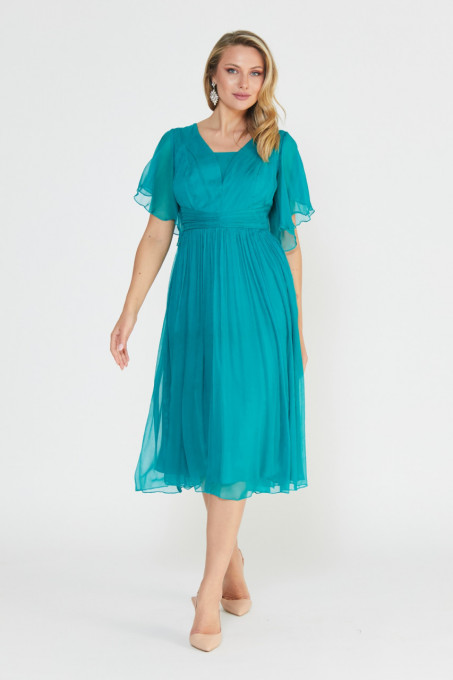 Rochie lungă turquoise din mătase naturală