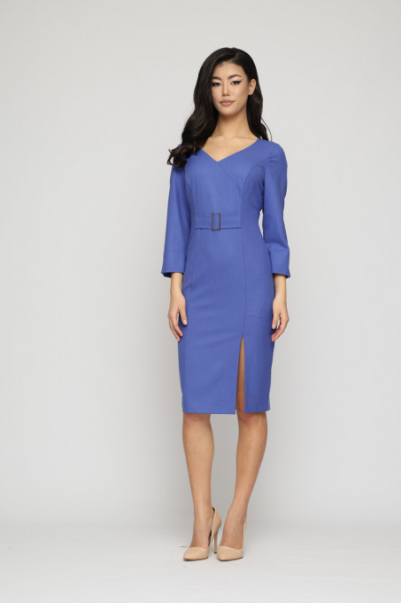 Rochie 'Doris' albastru indigo cu cataramă și șliț