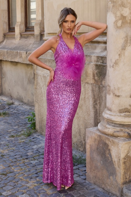 Rochie 'Esmé ' roz cu paiete și detaliu floare