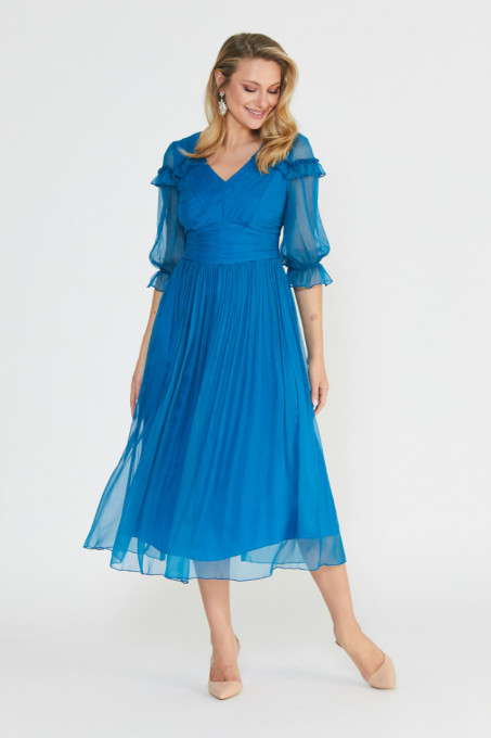 Rochie lungă albastru turquoise din matase naturală
