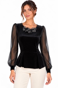 Bluză din catifea cu mâneci din organza și aplicații florale