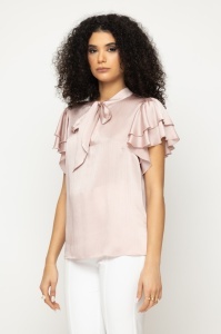 Bluză 'Jade' satinată rosé cu volane - Img 3