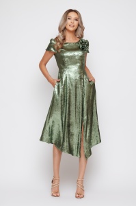 Rochie 'Anastasia' verde cu peliculă și accesoriu floare - Img 3