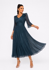 Rochie 'Ava' turquoise închis din voal sidefat cu floare decorativă - Img 2