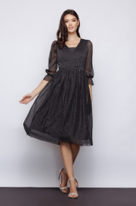 Rochie 'Daphne' neagră cu pliseuri din tulle sidefat - Img 1