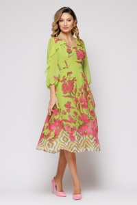 Rochie 'Fernanda ' verde din voal cu print floral - Img 2