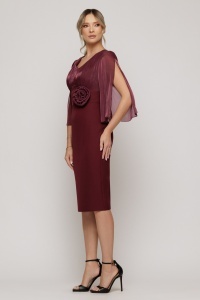 Rochie 'Irene' burgundy cu mâneci tip capă și floare în talie - Img 4
