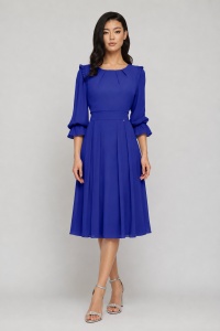 Rochie 'Jane' albastru regal cu pliseuri și volănașe