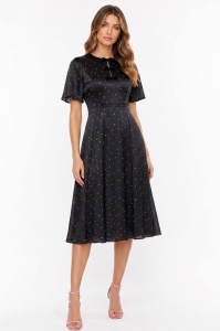 Rochie 'Mara' neagră midi satinată cu buline roz pudrat - Img 2